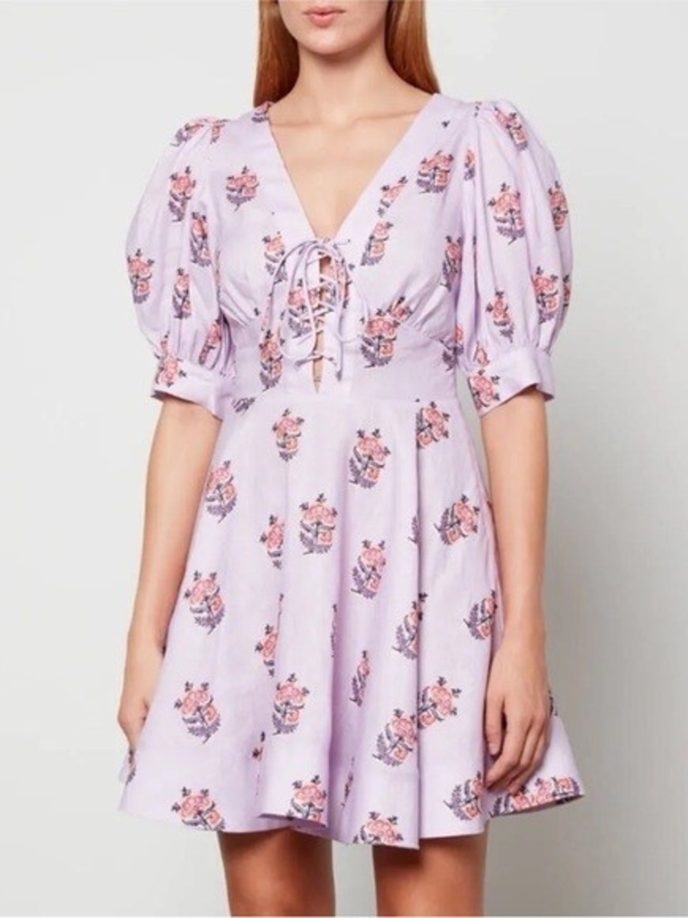 House of Harlow 1960 Lilac Floral Lace-Up Puff Sleeve Mini Dress